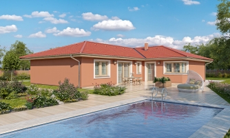 Bungalow en forme de L avec toit à pans.